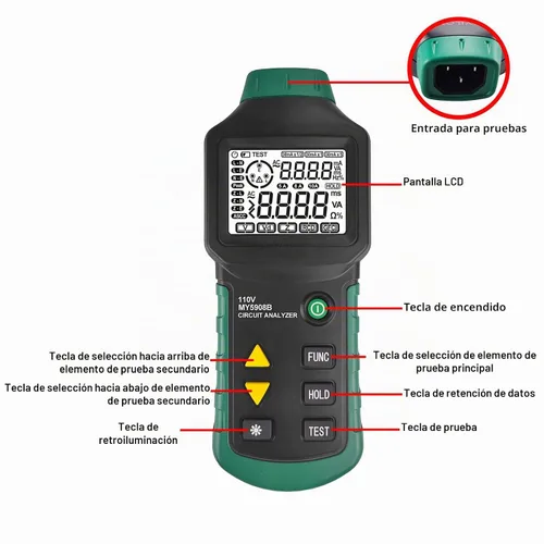 Vista 2 de Analizador de circuito digital True RMS voltaje CA RCD GFCI, probador eléctrico de caída de voltaje, dispositivo de prueba de fallas de línea