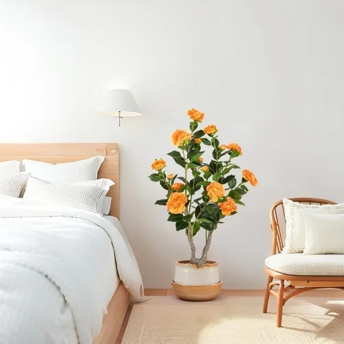 Vista 2 de Árbol de camelia artificial de 36 pulgadas con flores falsas Naranja