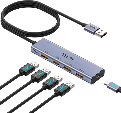 Vista 9 de Hub USB 3.0, divisor USB TSUPY con 5 puertos USB y cable extendido de 4 pies, concentrador de datos de aluminio ultrafino, adaptador multi USB 3.0