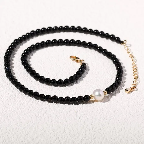 Vista 3 de Jewever Gargantilla de perlas cultivadas de agua dulce con ágata negra para mujer, cristales y piedras curativas, regalo de joyería, collar