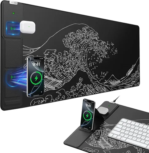 Vista 9 de Wireless Charging Mouse Pad with Foldable Phone Holder, 31.5"x15.8" XXL Excel Cheat Sheet Desk Mat for Laptop/Keyboard, Waterproof Ultra-Smooth