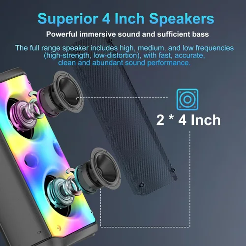 Vista 2 de Altavoz Bluetooth, 80W de potencia máxima, inalámbrico, TWS, portátil, para exteriores, altavoces para fiestas con subwoofer, graves profundos, Negro