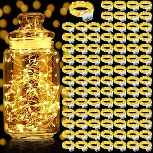 Vista 22 de Aogist Paquete de 24 luces de hadas, 3 modos, 2,1 metros, 20 luces LED, impermeables, cable plateado, funcionan con pilas, mini luces de alambre