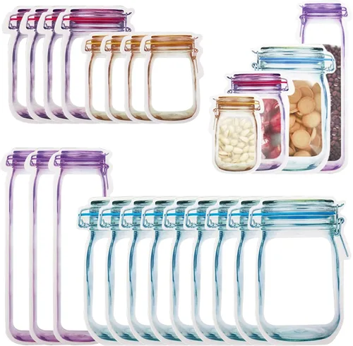 Vista 8 de Paquete de 18 bolsas reutilizables para refrigerios, con cremallera en tarro de masón, bolsas de almacenamiento a prueba de fugas para viajes