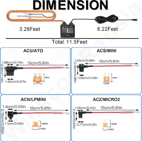 Vista 6 de Kit de cable duro para cámara de salpicadero, USB C de 3 cables, cargador de cámara de salpicadero modo de estacionamiento 24h Type C,11.5ft Power