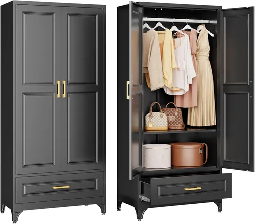 Vista 10 de Gabinete de Pared de Metal de 81 cm con 2 Puertas, Gabinetes Colgantes Negros con Manija, Gabinetes de Vestir de Metal, Armario Vestidor Clóset