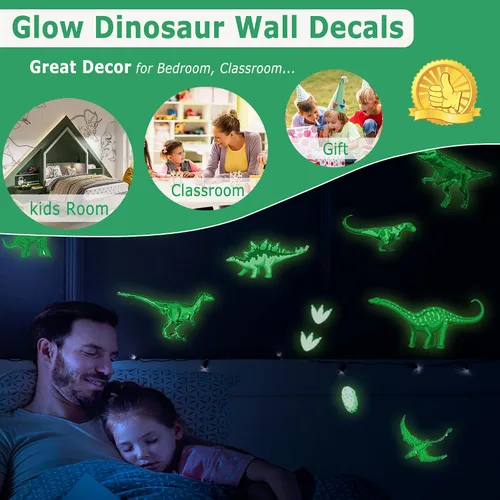 Vista 2 de Adhesivos de pared de dinosaurios que brillan en la oscuridad, calcomanías de pared de dinosaurios autoadhesivas que brillan para techo, calcomanías