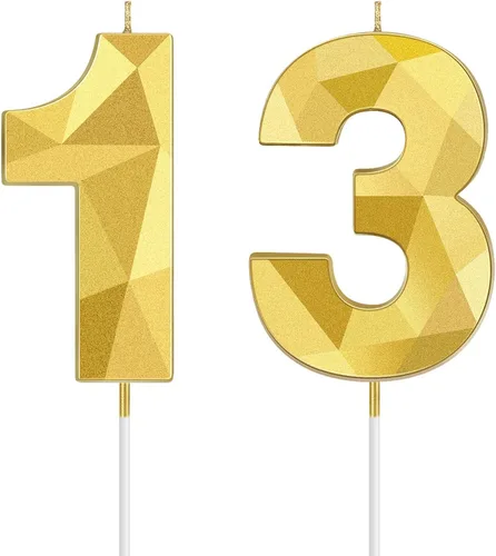 Vista 13 de Nuanchu Velas de cumpleaños número 10 en forma de diamante 3D Velas numerales para pastel de cumpleaños Decoración temática para horneado familiar
