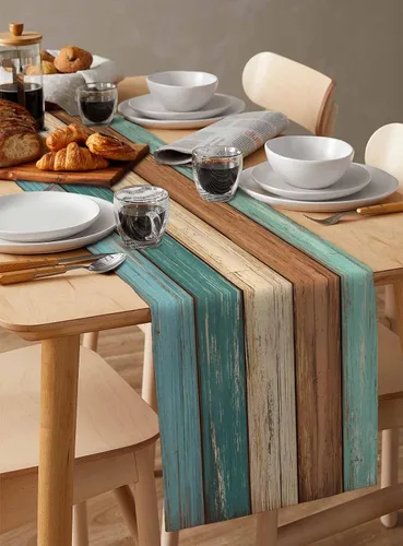Vista 6 de Camino de mesa retro de lino y algodón geométrico, tapete rectangular para tocador, tablones de madera rústica, alfombra al aire libre para café