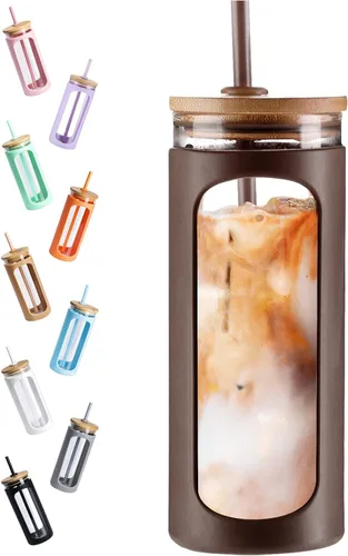 Vista 17 de Kodrine Vaso para agua de vidrio de 20 onzas con popote y tapa, botella de agua con tapas de bambú, taza para café helado, reutilizable, boca ancha
