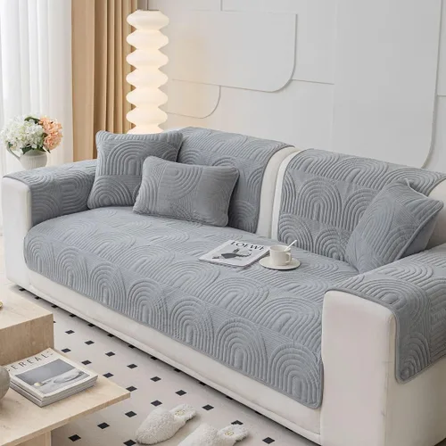 Vista 3 de Funda de sofá geométrica de granja para sofá, funda de terciopelo suave acolchada para sofá seccional, funda de sofá antideslizante para sofá, Gris