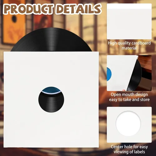 Vista 3 de Paquete de 10 chaquetas de disco de vinilo blancas de 12 pulgadas, cubiertas de álbum LP pesadas de 350 GSM con agujero central, fundas de repuesto