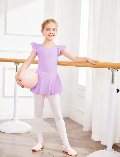 Vista 4 de Arshiner - Vestido de baile de ballet con mangas con volantes, leotardo de tutú con ruedo para niñas Lila