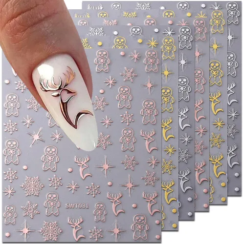 Vista 11 de 10 calcomanías de uñas de Navidad de invierno para mujeres, dibujos animados 3D, alce, muñeco de nieve, campanas de Papá Noel, copo de nieve
