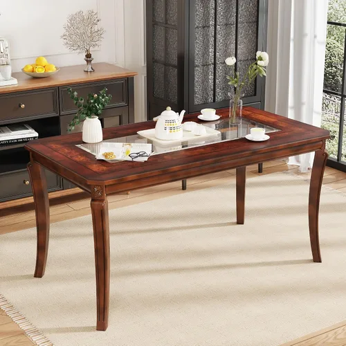 Vista 10 de Mesa auxiliar tradicional con estante de almacenamiento y patas talladas, mesas de sala de estar de granja, mesa central rectangular de madera