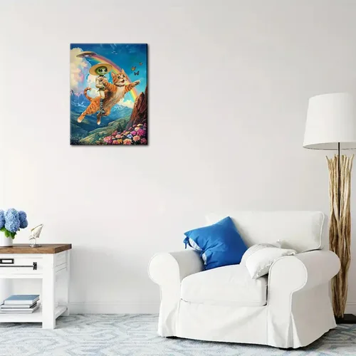 Vista 4 de Lienzo de paisaje victoriano OVNI para pared, diseño divertido de alienígena montando un gato, cuadros eclécticos de gato, póster impreso