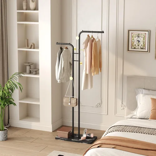 Vista 3 de HOMEFORT Perchero de Abrigos, Percheros de Metal Independientes, Soporte de Ropa y Sombreros de Doble Poste con 5 Ganchos para Closet, Dormitorio