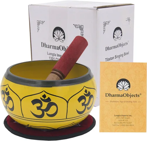 Vista 9 de DharmaObjects Yoga Meditación 6 Pulgadas 8 Símbolos de la Suerte Símbolos Cantando Tazón/Cojín/Cuero Mazo Set de Regalo (Negro)