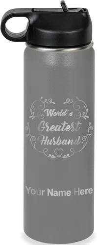 Vista 10 de LaserGram Botella de agua con tapa abatible de doble pared de 12 onzas con pajilla, grabado personalizado incluido (negro)