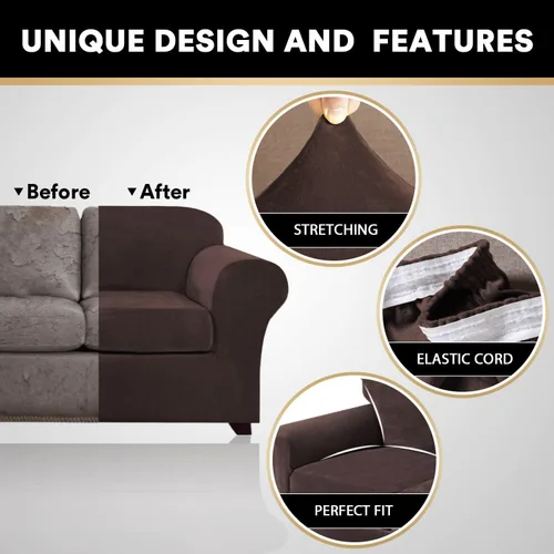Vista 2 de PrinceDeco - 4 fundas de terciopelo para sofá de 3 cojines, protector suave de muebles con parte inferior elástica antideslizante, fundas de sofá