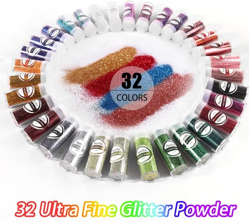 Vista 2 de Renfio Juego de Purpurina de 32 Colores, 16.93oz 480g Polvo de Purpurina Ultra Fino PET 1/128" 0.008" 0.2mm Suministros de Resina Purpurina Surtida
