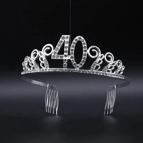 Vista 2 de Frcolor Tiara de cumpleaños, diamantes de imitación 40 cumpleaños coronas feliz 40 cumpleaños