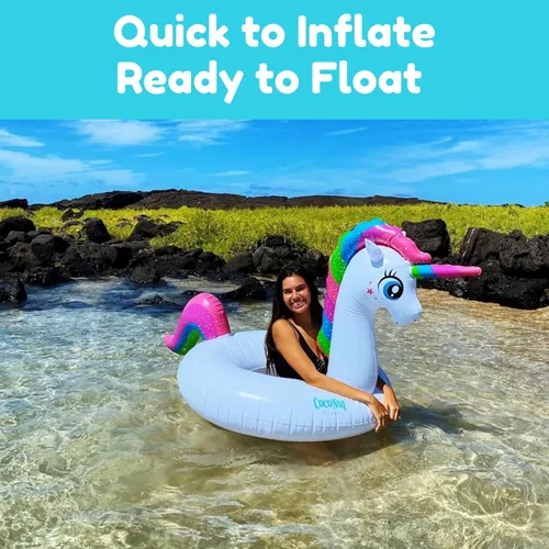 Vista 3 de Flotador mágico de coco para piscina de unicornio para exteriores, anillo inflable gigante para piscina, tubo de descanso duradero y juguete