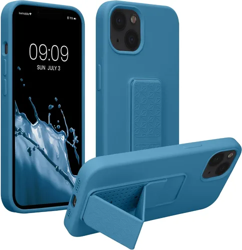 Vista 20 de kwmobile Funda compatible con Apple iPhone 13 - Funda con correa de mano y soporte revestimiento de silicona TPU suave - Azul Báltico