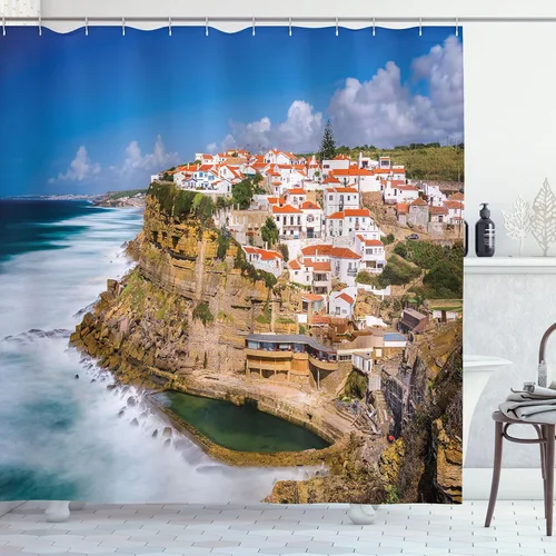 Vista 35 de Ambesonne Decor Collection, juego de cortina con ganchos para regadera