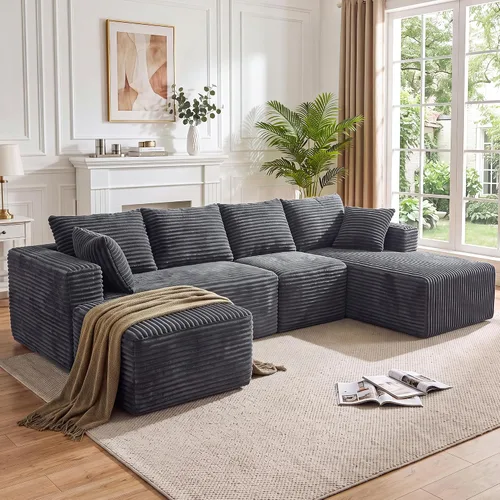 Vista 37 de Sofá modular en forma de L para sala de estar, sofá modular sin huesos con diván, sofá de pana con asiento profundo, no requiere montaje, negro