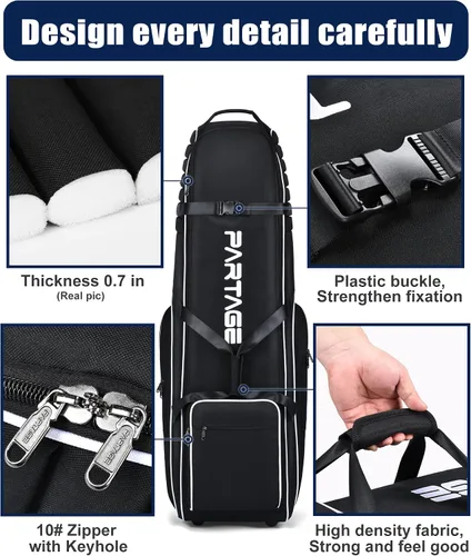 Vista 2 de Partage Bolsa de viaje de golf con ruedas, estuche de viaje de golf para aerolíneas, Oxford resistente 900D - Negro