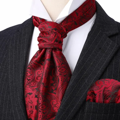Vista 5 de HISDERN Corbatas Ascot para hombre, set de corbata y pañuelo de bolsillo Paisley con estampado floral clásico, corbata autoajustable para hombre