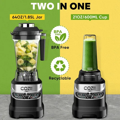 Vista 2 de COZII - Licuadora profesional de 2000 W, 64 onzas, batidora de batido de encimera, taza de 21 onzas 7 Presets Blenders for Kitchen,Smoothies/Ice