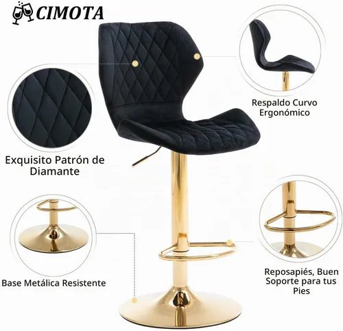 Vista 4 de CIMOTA Juego de 2 taburetes de bar giratorios ajustables, modernos y dorados, para isla de cocina, taburetes de bar altos de terciopelo con respaldo