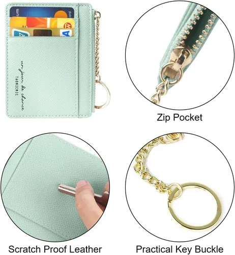 Vista 21 de URAQT Cartera para tarjetas de crédito, cartera minimalista de cuero delgado con cremallera, mini protector de tarjeta de crédito, llavero bolsillo