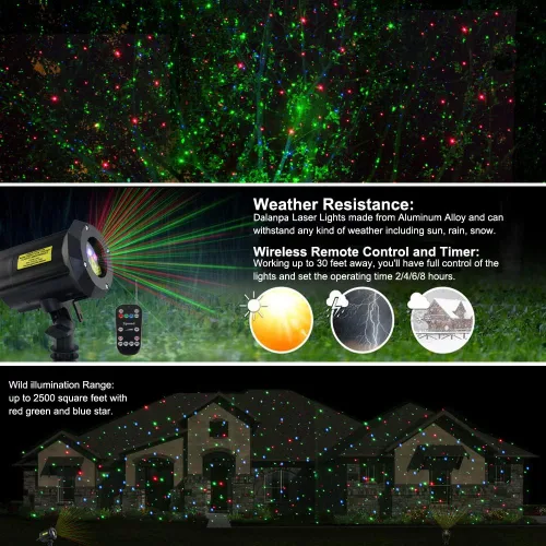 Vista 3 de Luces de Jardín al Aire Libre, Proyector de Luz Láser Navideño Estrella en Movimiento (Azul Rojo Verde)