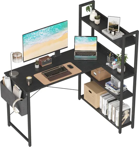 Vista 12 de Treesland 40 Inch Computer Desk with Bookshelf, Corner Desk with Storage, L Shaped Desk, Home Office Desks, Writing Study Desk for Bedroom, Black
