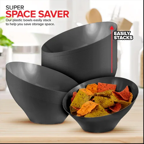 Vista 7 de Cuencos de servir de plástico negro de 54oz (4 paquetes) Grandes cuencos desechables para aperitivos, caramelos, contenedores para buffet, papas