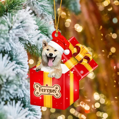 Vista 8 de Adorno de Navidad personalizado de Akita Inu, nombre personalizado Akita Inu para árbol de Navidad, en caja de regalo roja