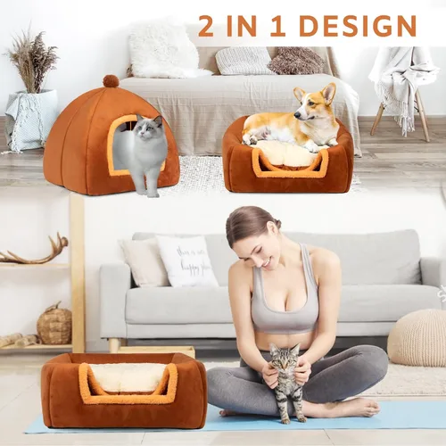 Vista 2 de Cama tipo cueva para gatos de interior, cama de tienda de campaña para gatos con almohada acolchada extraíble lavable, camas para gatitos 2 en 1