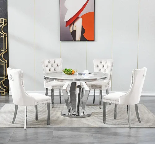 Vista 24 de Juego de 5 mesas de comedor, juego de mesa de cocina y comedor para 4, mesa de cocina rectangular de mármol sintético blanco de 47 pulgadas con base