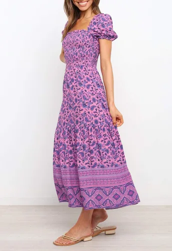 Vista 3 de ZESICA - Vestido de verano largo para mujer, diseño acampanado con cuello cuadrado y volantes, estampado floral y bohemio, para la playa