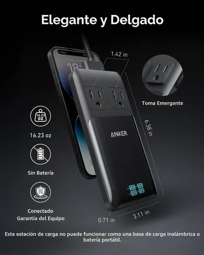 Vista 4 de Anker Prime Estación de carga, tira de alimentación de viaje 6 en 1 de 140 2 AC, 2 USB A, cable de extensión desmontable de 5 pies con múltiples