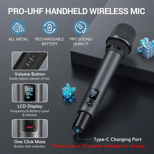 Vista 4 de TONOR Sistema de Micrófono Inalámbrico, Escaneo Automático y Emparejamiento UHF Micrófono de Karaoke Recargable, 2x100 Micrófono Inalámbrico