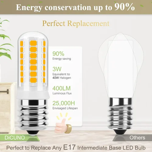 Vista 3 de DiCUNO Bombilla LED E17 para debajo del horno de microondas, 2700 K blanco cálido, 3 W (reemplazo halógeno de 40 W) 400 lm 120 V E17 bombilla