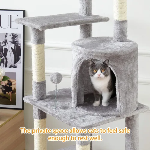 Vista 6 de Árbol grande para gatos, torre para gatos de varios niveles de 65 pulgadas de alto con postes rascadores cubiertos de sisal, condominio, hamaca