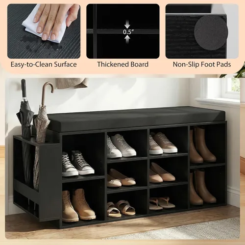 Vista 8 de Tangkula Banco de almacenamiento de zapatos con soporte para paraguas, organizador de zapatos de 40 pulgadas con asiento acolchado, 10 cubos y Negro