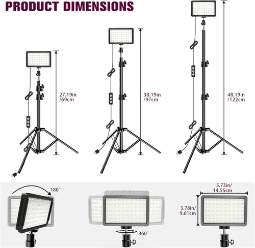 Vista 3 de Kit de Iluminación para Fotografía Luz de Video LED Regulable 5600K USB para Estudio de Video y Transmisión con Soporte de Trípode Ajustable y 9*