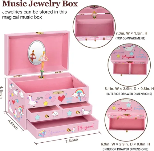 Vista 4 de Joyero musical para niñas con diseño de unicornio y bailarina giratoria, 3 cajones extraíbles, juego de joyería de unicornio incluido, caja
