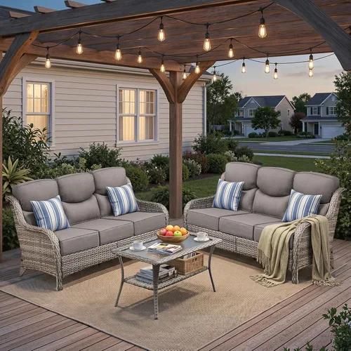 Vista 18 de Sofá de lujo para patio al aire libre, sofá de mimbre resistente para todo tipo de clima, sofá de 3 plazas con asiento profundo y funda extraíble